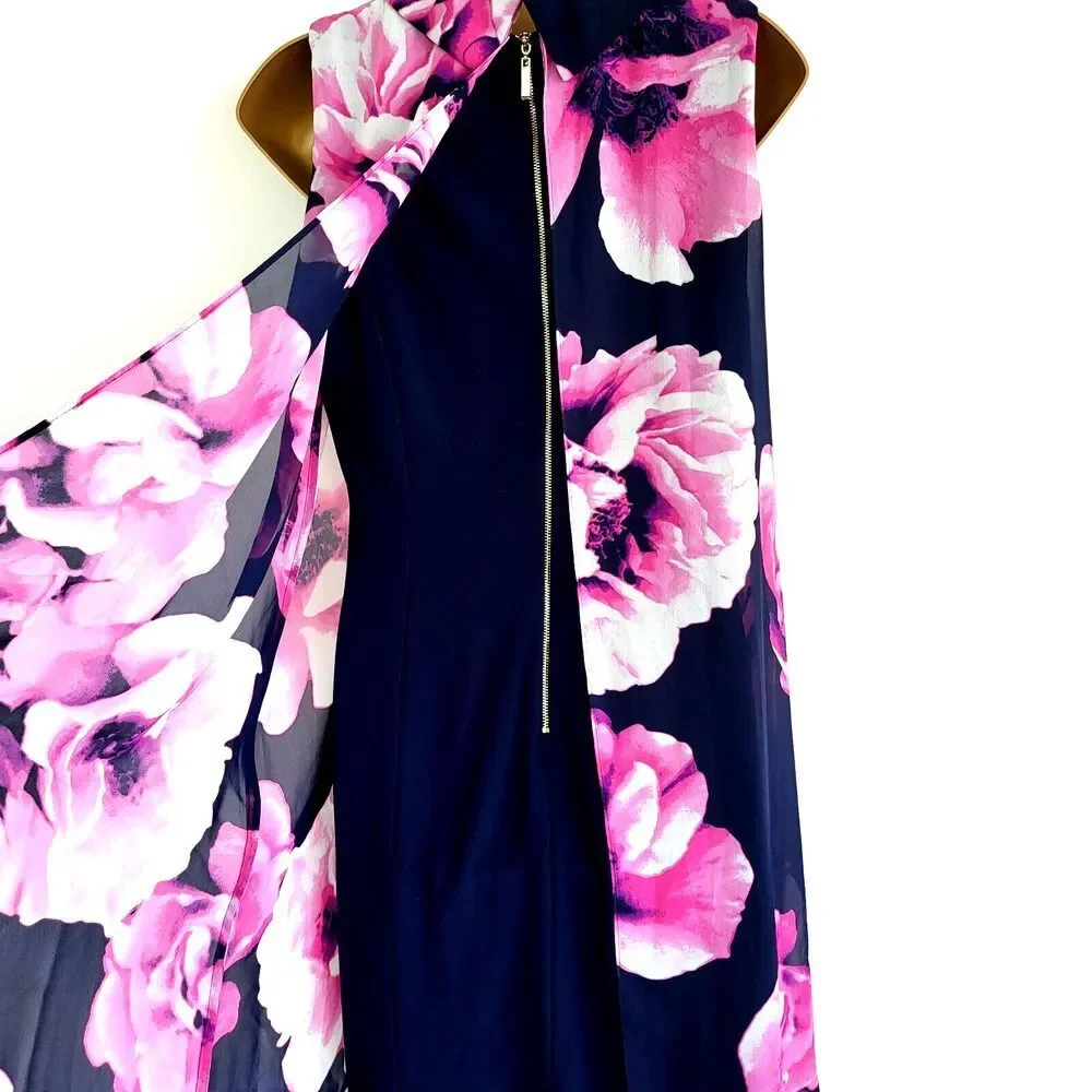 Eliza J Size 12 Multi-Colored Floral Chiffon Overlay Dress Back Zip Black Pink